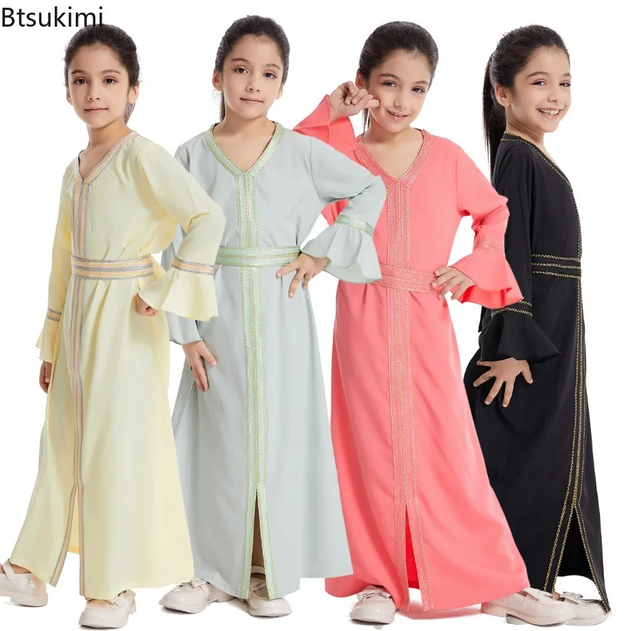 

Muslim Kid Clothing Fashion Girl's Applique Trim Maxi Dress Ramadan Eid Dubai Abaya Turkey Arab Kaftan Robe Children Prayer Gown