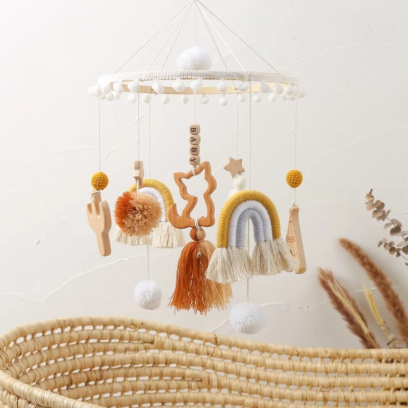 

New Baby Mobile Newborn Bed Hanging Crib Tent Nordic Wooden Beads Wind Chimes With Decorations Ornaments , Baby Rattle Tools