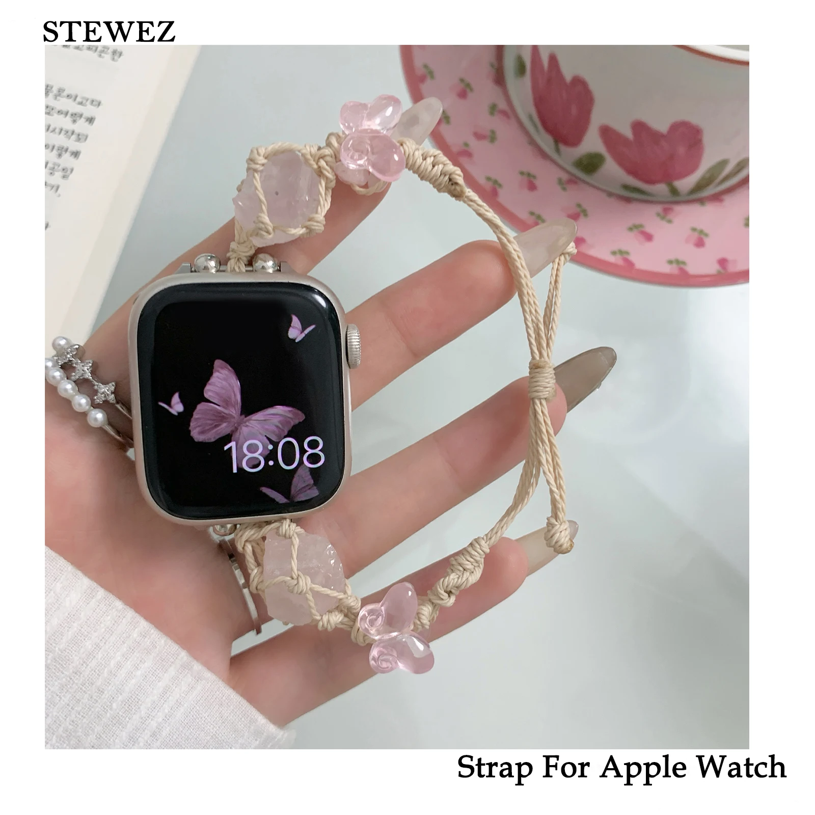 Креативный ремешок из грубого камня с ремешком для Apple Watch, удлинительная цепочка для Iwatch98765SE, милый ремешок с бабочкой для девушек