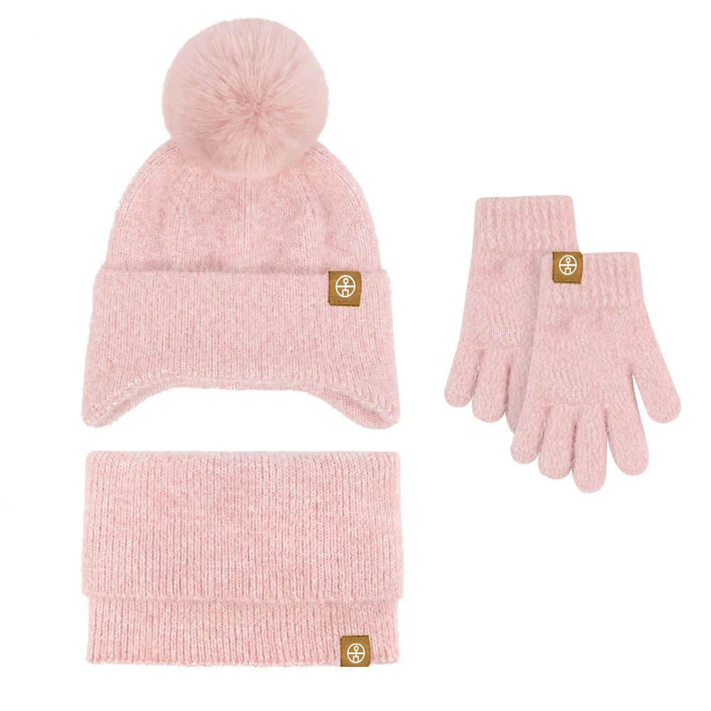 New Winter Children's Hat Neck Warmer Gloves 3pcs Set Winter Infant Knitted Wool Ball Ear Protection Hat Neck Glove 3-piece Set
