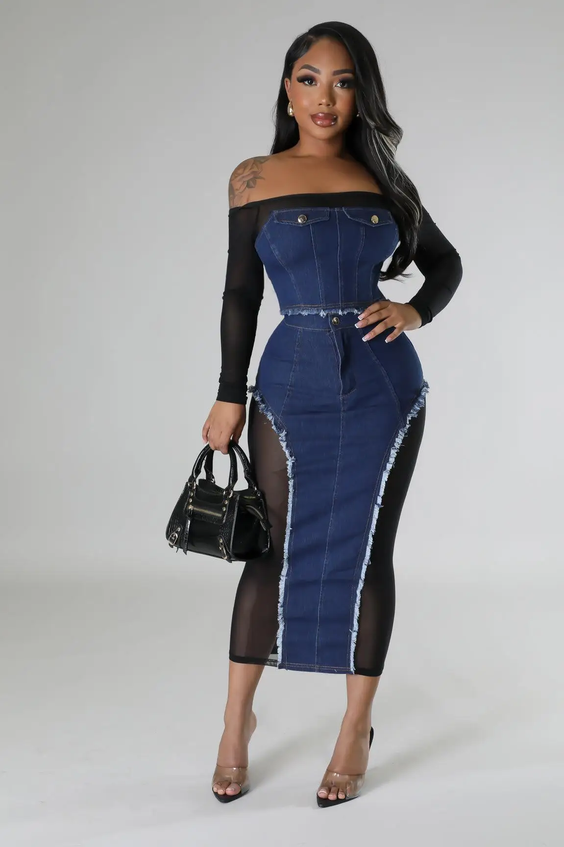 

Denim Two Piece Sets Women Outfit Sexy Mesh Sheer Skirt Sets Patchwork Long Sleeves Slash Neck Night Club Outfits Sets To Dress
