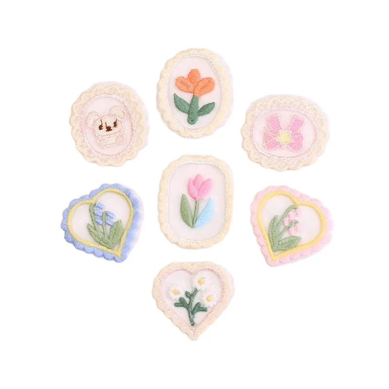 귀여운 미니 할로우 메쉬 러브 플라워 패치, 레이스 원단 자수 머리 장식, DIY 의류 봉제 용품 스티커, 10 개