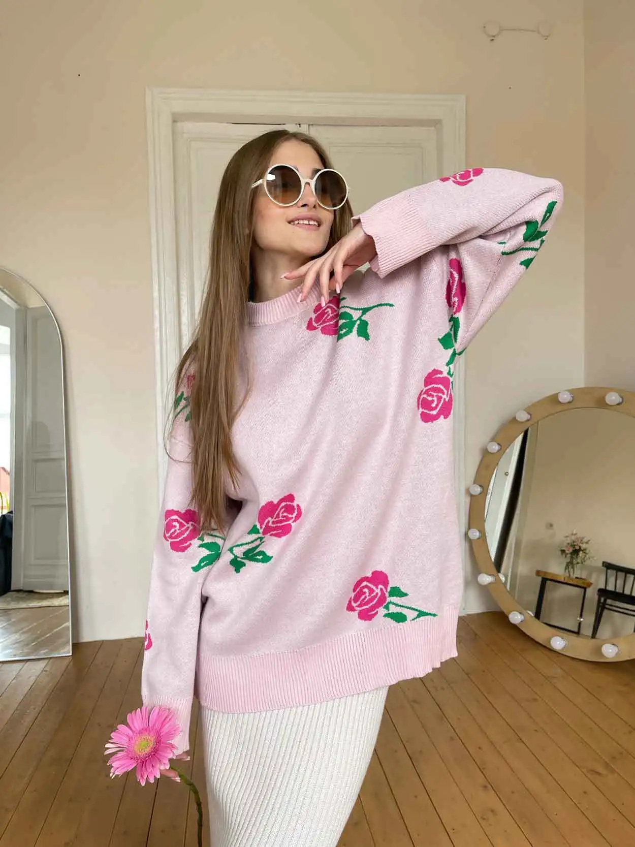 Autumn Knit Sweater Pullover Women's Printed Long Sleeve High Waist Ribbed Fashion Loose Knitwear Top Female Sweater