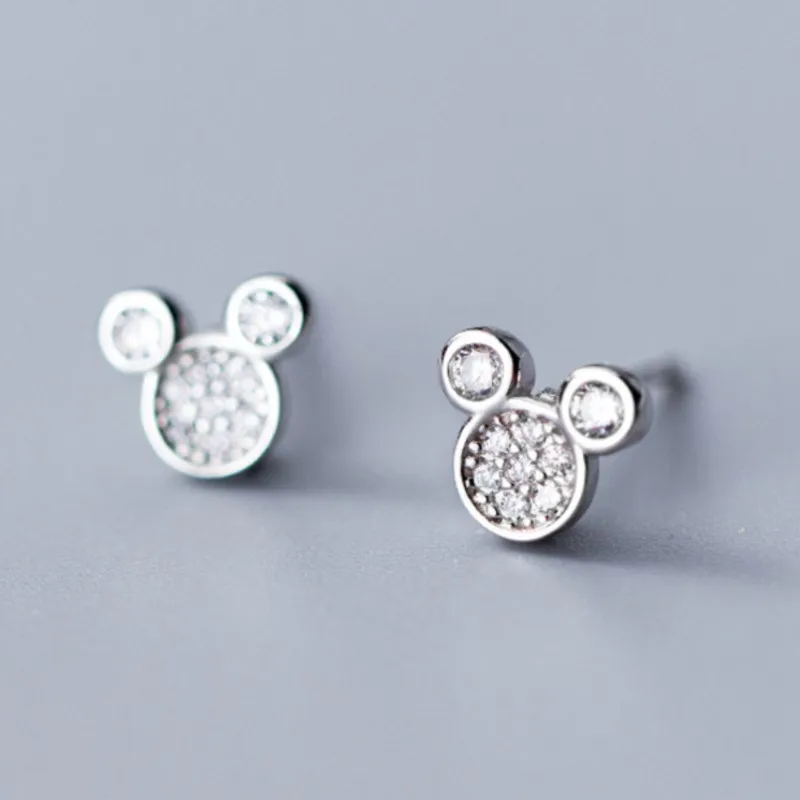 Silver Color Cute Cartoon Mickey Stud Earrings for Women Lovely Shiny Zircon Mouse Female Fashion Earring Jewelry Accessories