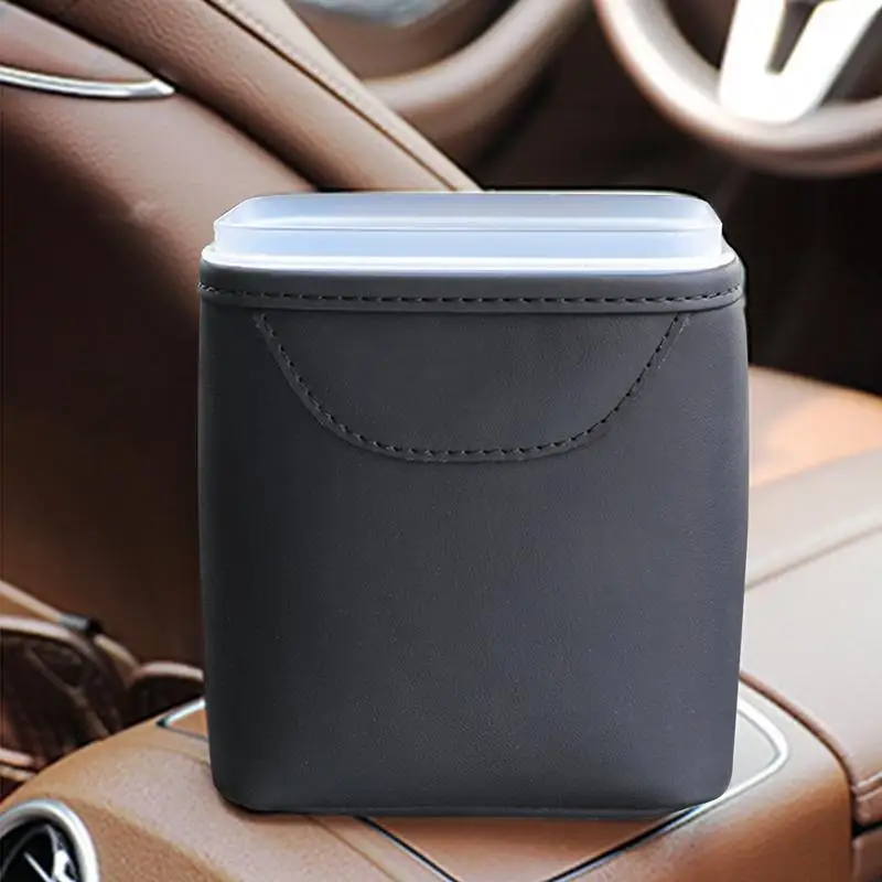 

Car Trash Can With Lid auto Clamshell Trash Bin Hanging Vehicle Garbage Dust Case Storage Box leather Square Pressing Trash Can
