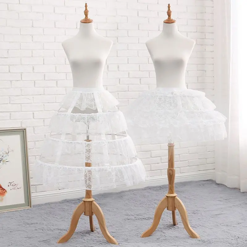 Womens White 3 Hoops Petticoat Skirt Ruffles Floral Lace Adjustable Drawstring Underskirt Lolita Cosplay Dress Crinoline