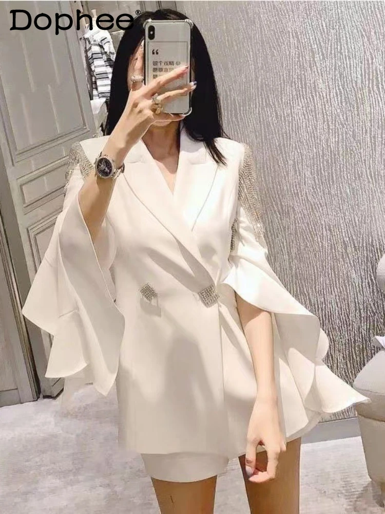 

Socialite Heavy Industry Luxury Rhinestone Tassel Split Flare Sleeve Suit Jacket Spring Summer Shorts Two-Piece Suit for Women