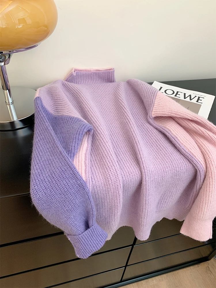 

Женский винтажный пуловер в стиле Харадзюку, фиолетовый вязаный свитер в Корейском стиле, Y2k 90-х, двухцветный свитер с длинным рукавом, Топ