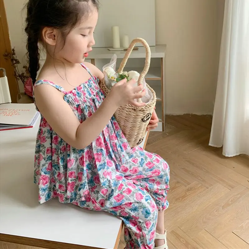 

2023 Summer Clothes Girls Floral Cool Camisole and Long Pants 2-Piece Set