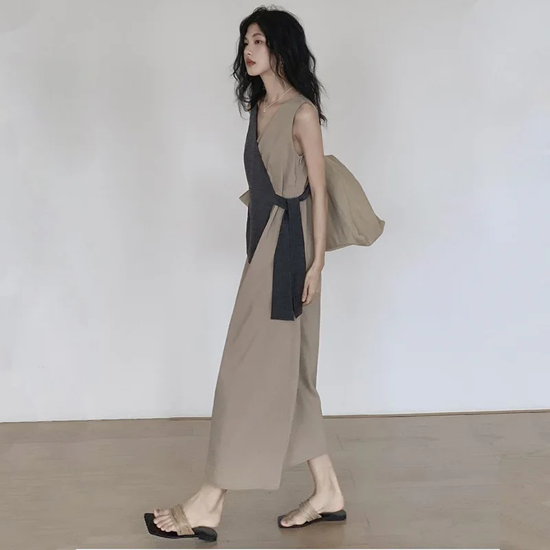 2024 Summer New Brand Fake Two Piece Contrasting Color Splicing Dress Women's V-neck High End Tie Waist Long Dress