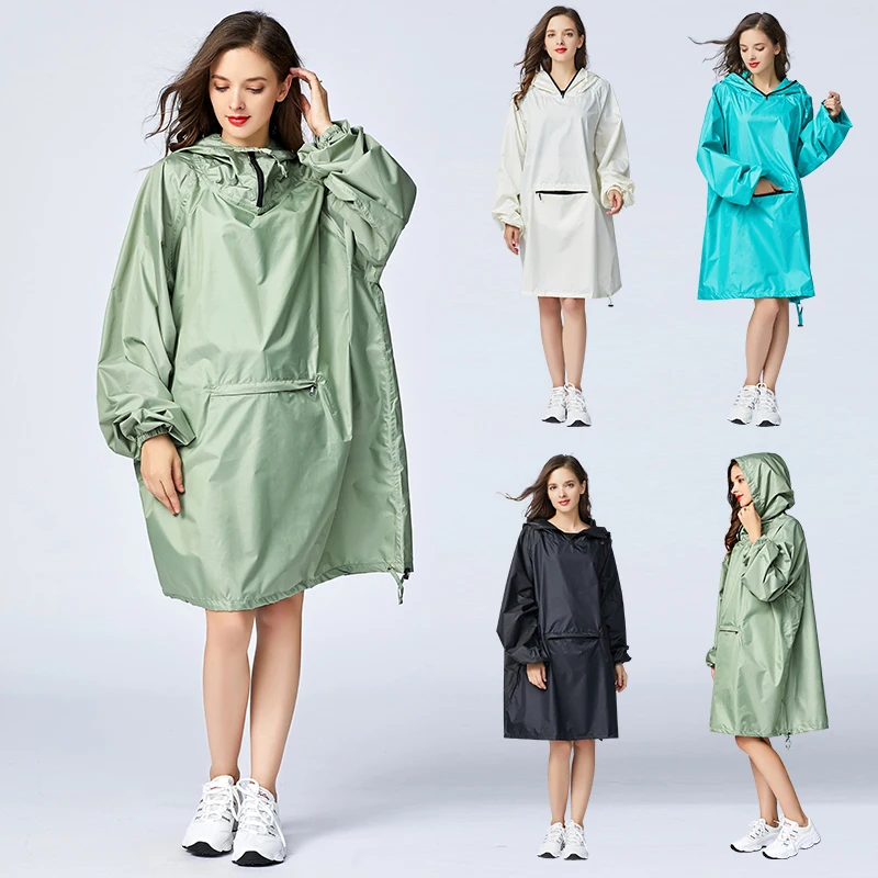 

Women's Stylish Waterproof Rain Poncho Cloak Raincoat with Hood Sleeves and Big Pocket on Front.