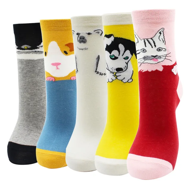 4-5 Pairs Newest Colorful Harajuku Korean Kawaii Cute Women Socks Cartoon Cat Dog Owl Stripe Avocado Girl Cotton Socks 5 pairs-AYT010