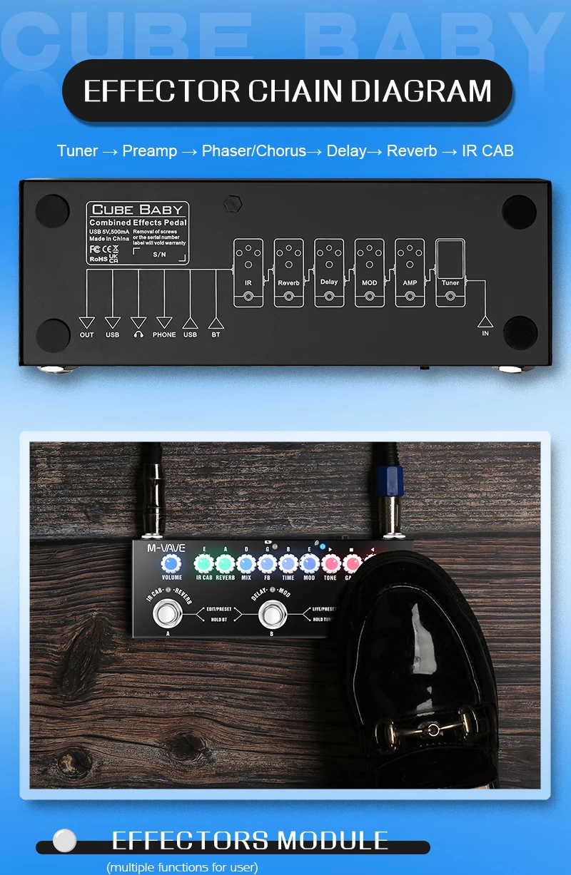Description Picture 3 of itemM-VAVE CUBE BABY Portable Multifunctional Electric Guitar Effect Pedal Combined Guitar Pedal Recording Audio Interface Function