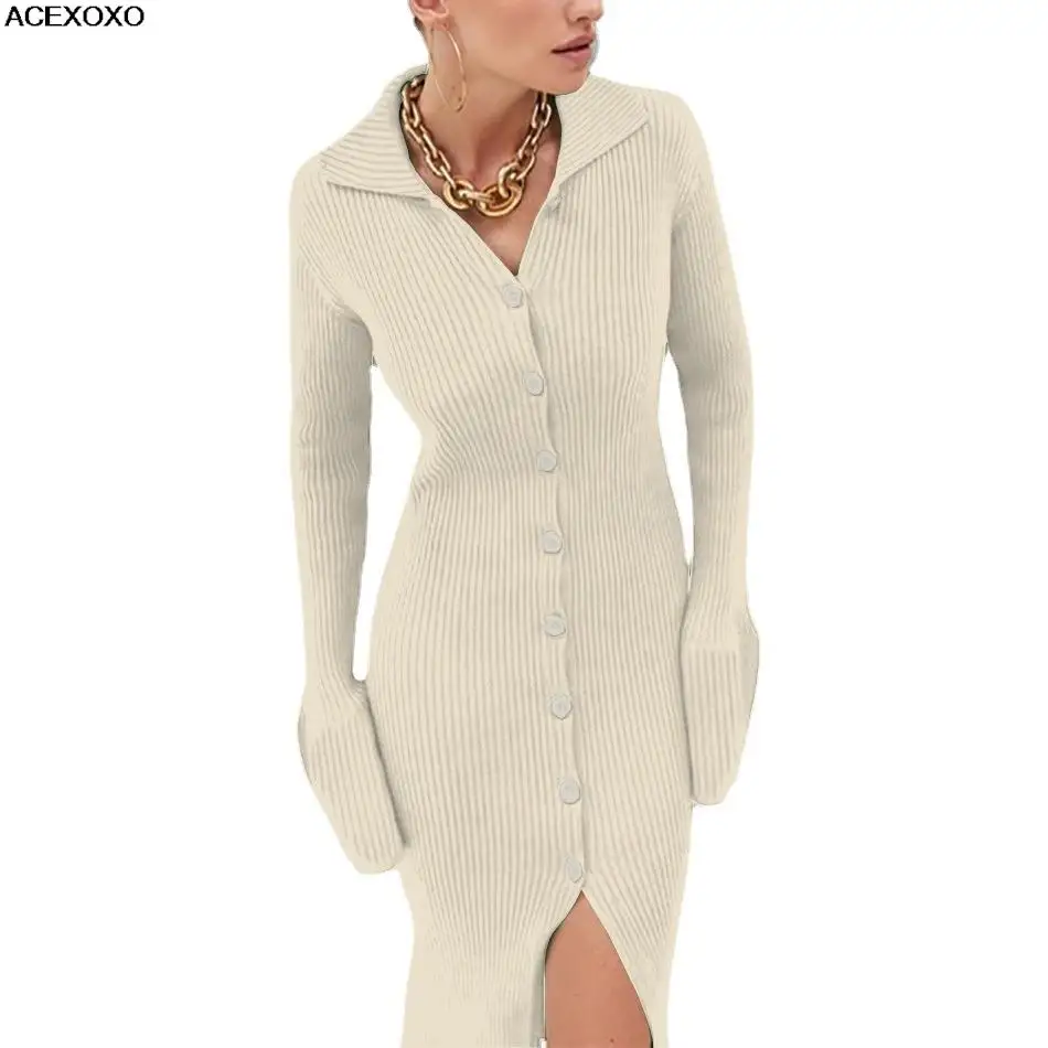 

Europe and the United States on the new long sleeve cardigan lapel long sleeve hole knitted dress button horn dress