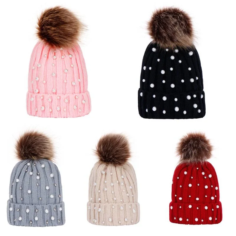 

Autumn winter lovable baby warm knitted hat Fashion Pearl earmuffs Hat Girls Female Skullies Beanie Cap Pompom Hats