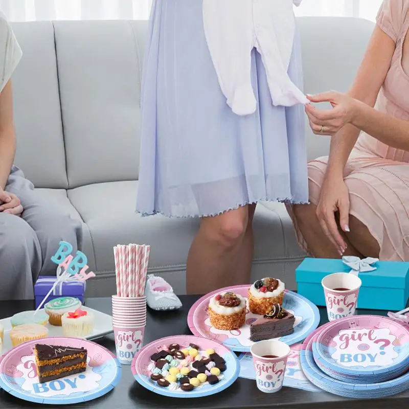 120PCS Deluxe Gender Reveal Party Supplies Kit-Includes Colorful Plates, Cups, Napkins, Paper Straws, and Tableware