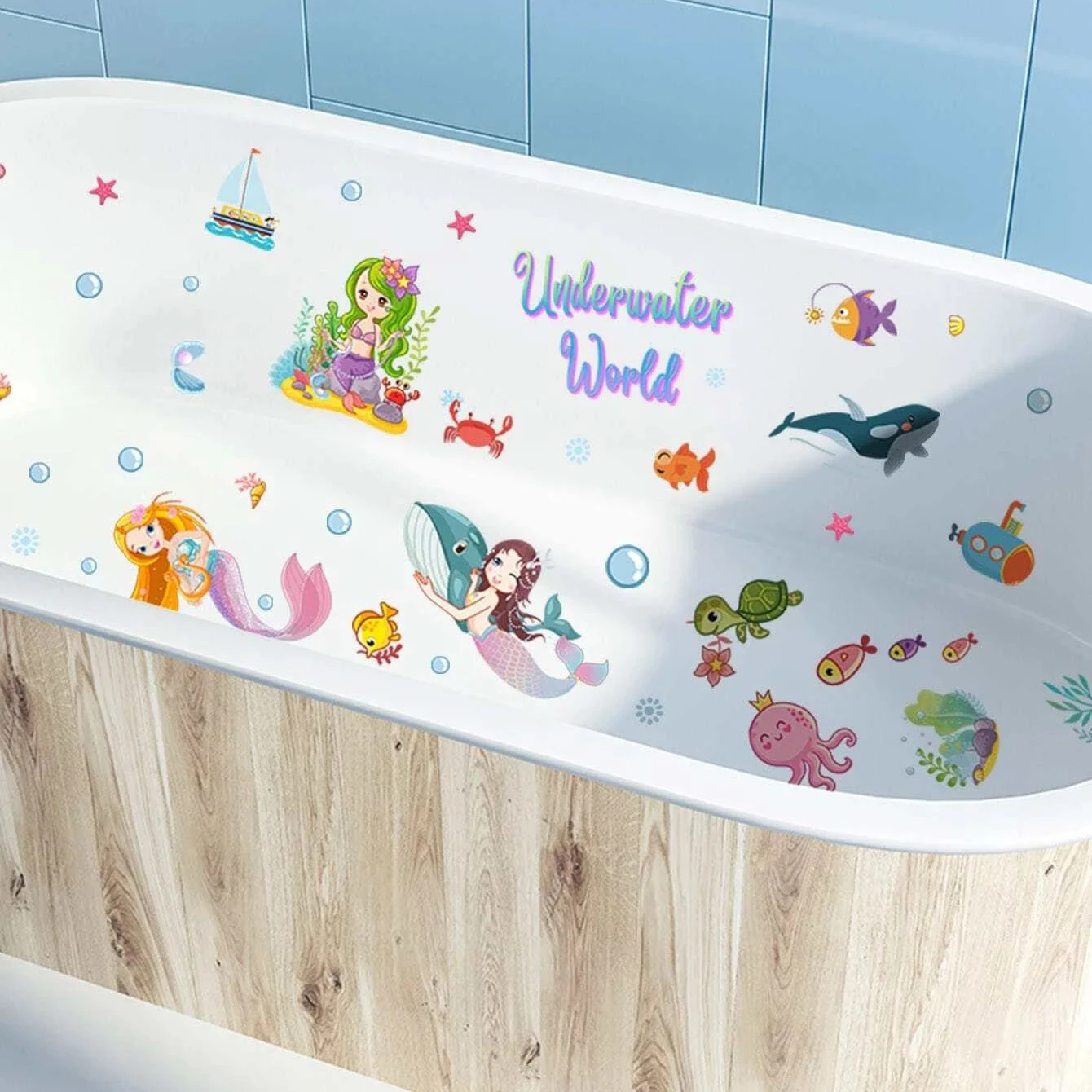 6 sheets Mermaid Sea Underwater World Cartoon Figure & Animal Print Non-Slip Bathtub Stickers Anti-Slip PVC Bathtub Appliques
