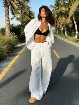 Bornladies Cotton Casual Pants Sets Women's Solid Color Cozy Lapel Long Sleeve Shirt Summer Outfit Elastic Waist Pants Suits