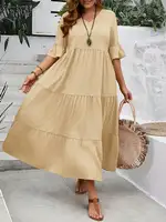 2024 Spring and Summer New Large V-neck Splicing Multi color Multi plus size Long Style Large Swing Dress - Image 3