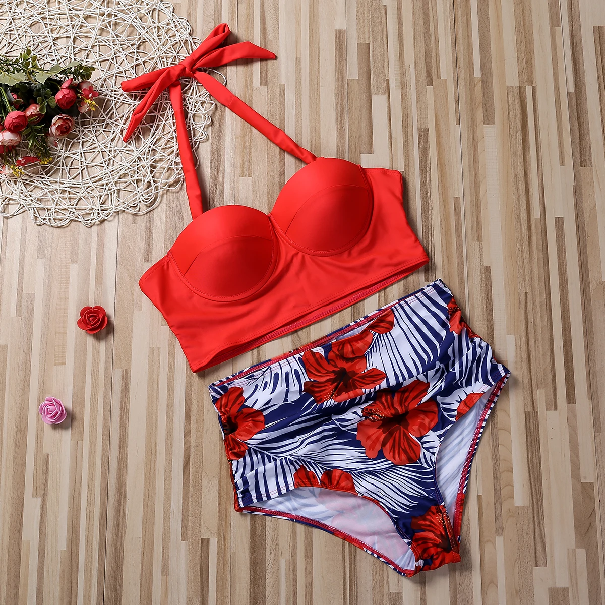 Bikini Set Women Push Up Summer Flower Print High Waist Swimming Suits