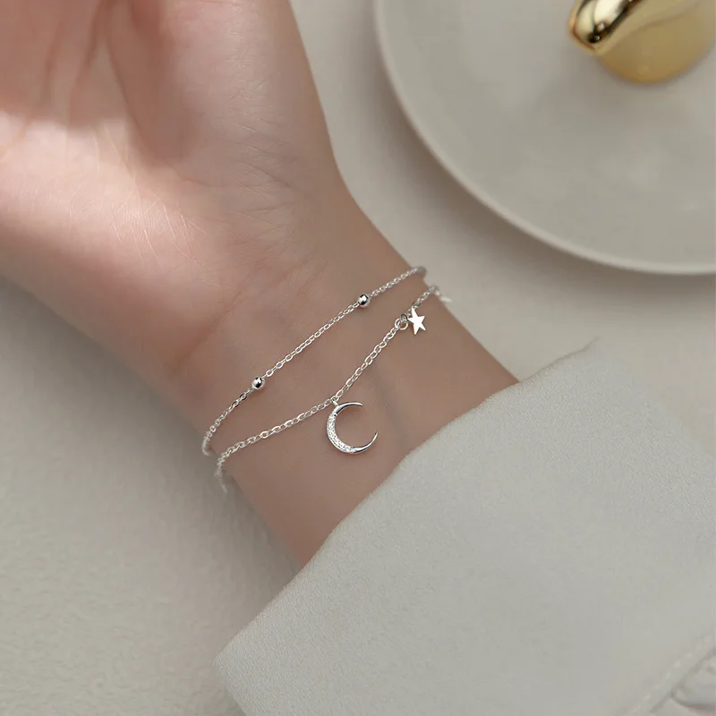 Silver Bracelet 925 Sterling Silver Star Moon Bracelet Geometric Double Layer Party Gift Women Jewelry