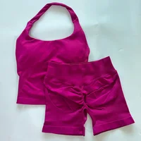 Ensemble de sport 2 pièces pour femme : débardeur dos nu et short taille haute froncé, tenue de fitness sans couture 6