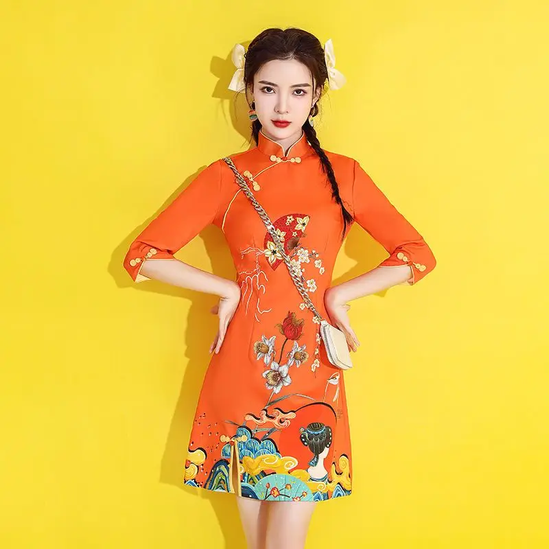 

Chinese Trendy Cheongsam Skirt New Popular Short Style Improved Red Young Girl Bridesmaid Evening Qipao Dress for Women