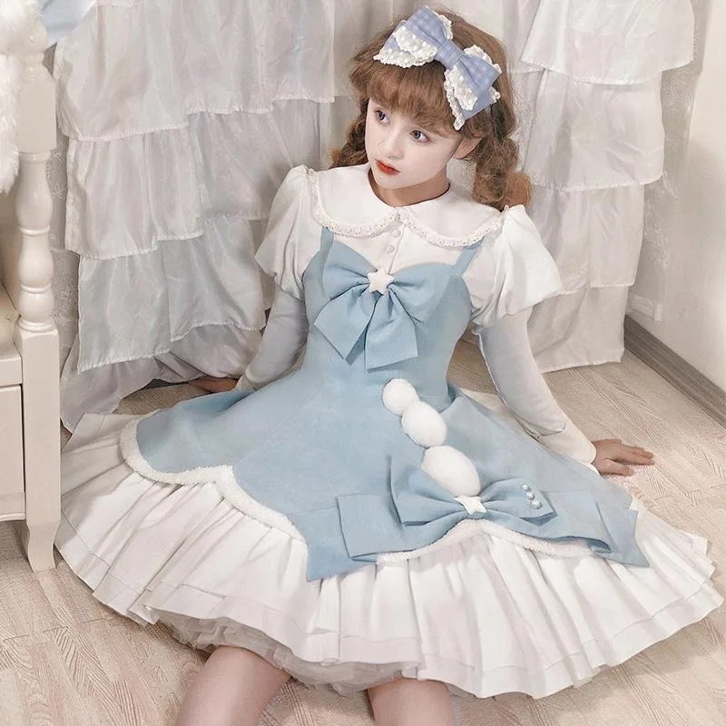 Sweet Girly Pink Bow Lolita Dress Loose Long Sleeve Sweet Kawaii Tea Party Princess Cos Lolita OP Dress Fairy