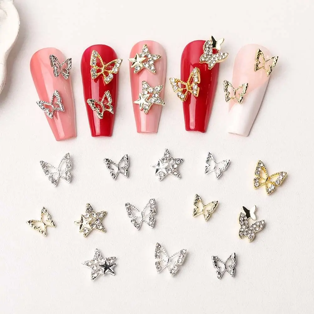 

10Pcs/set Gold Silver Metal Shiny Butterfly Star Nail Charms Alloy Nail Rhinestones 3D Nail Art Decorations Accessories