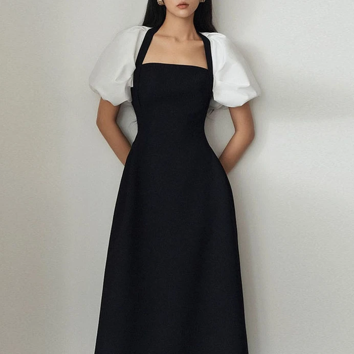 

Black Dress for Women Square Collar Elegant Summer Streetwear Bodycon Dress Luxury Design Puff Sleeve Vestido Party