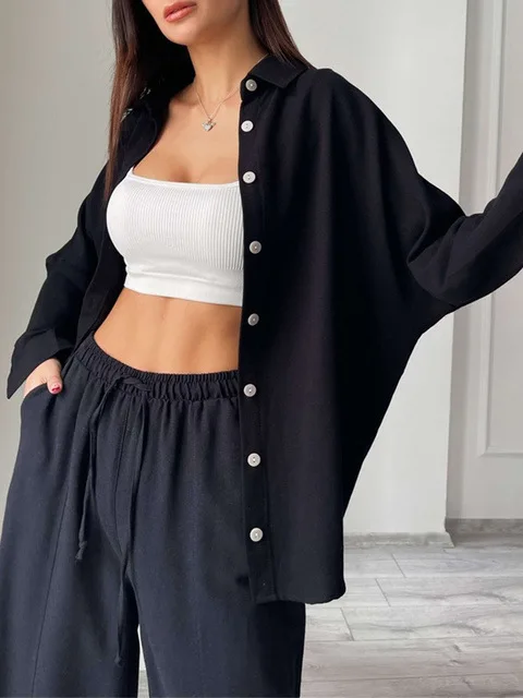 

Pant Sets Long Sleeve Shirt Tops Harem Pants Suit Women Spring Two Piece Set Lapel Shirt Drawstring Trousers Button Loose Outfit