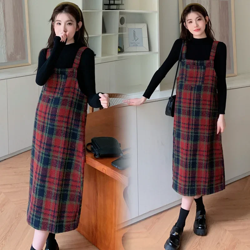 Autumn/Winter New Vintage Red Plaid Maternity Suit Half Polo/Turtle Neck Knit Base Layer Pregnant Women Clothing Set
