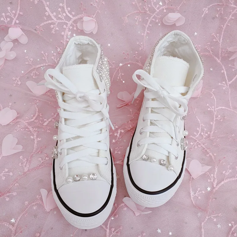 Women New Heavy Duty Beads High Canvas  Fashion Pearl Diamond Casual shoes Size 35-44 Party Wedding Lady Shoes