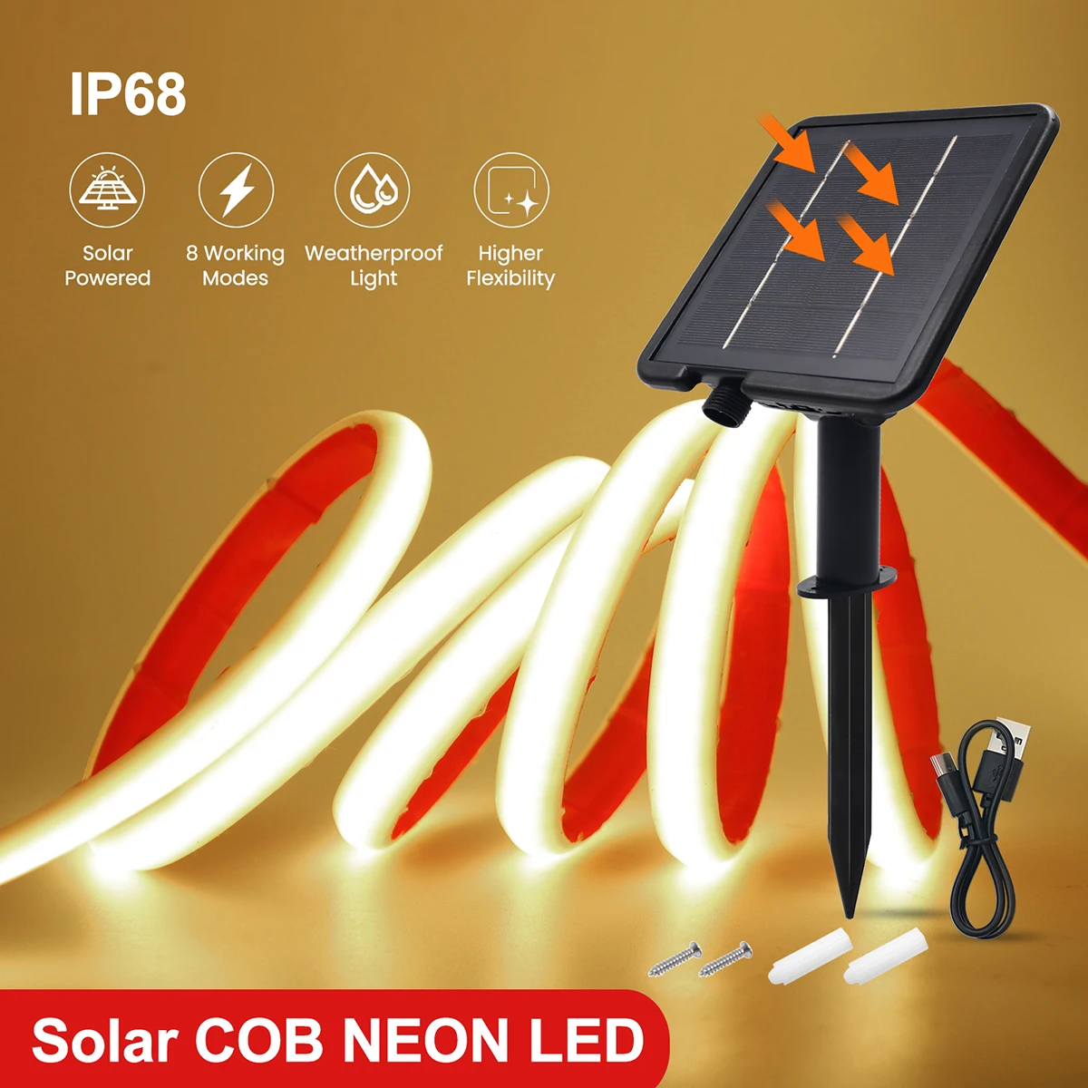 High-Density 24V Solar COB Neon Light Strip - Waterproof Flexible Warm White/Color Options, 320 LEDs/m