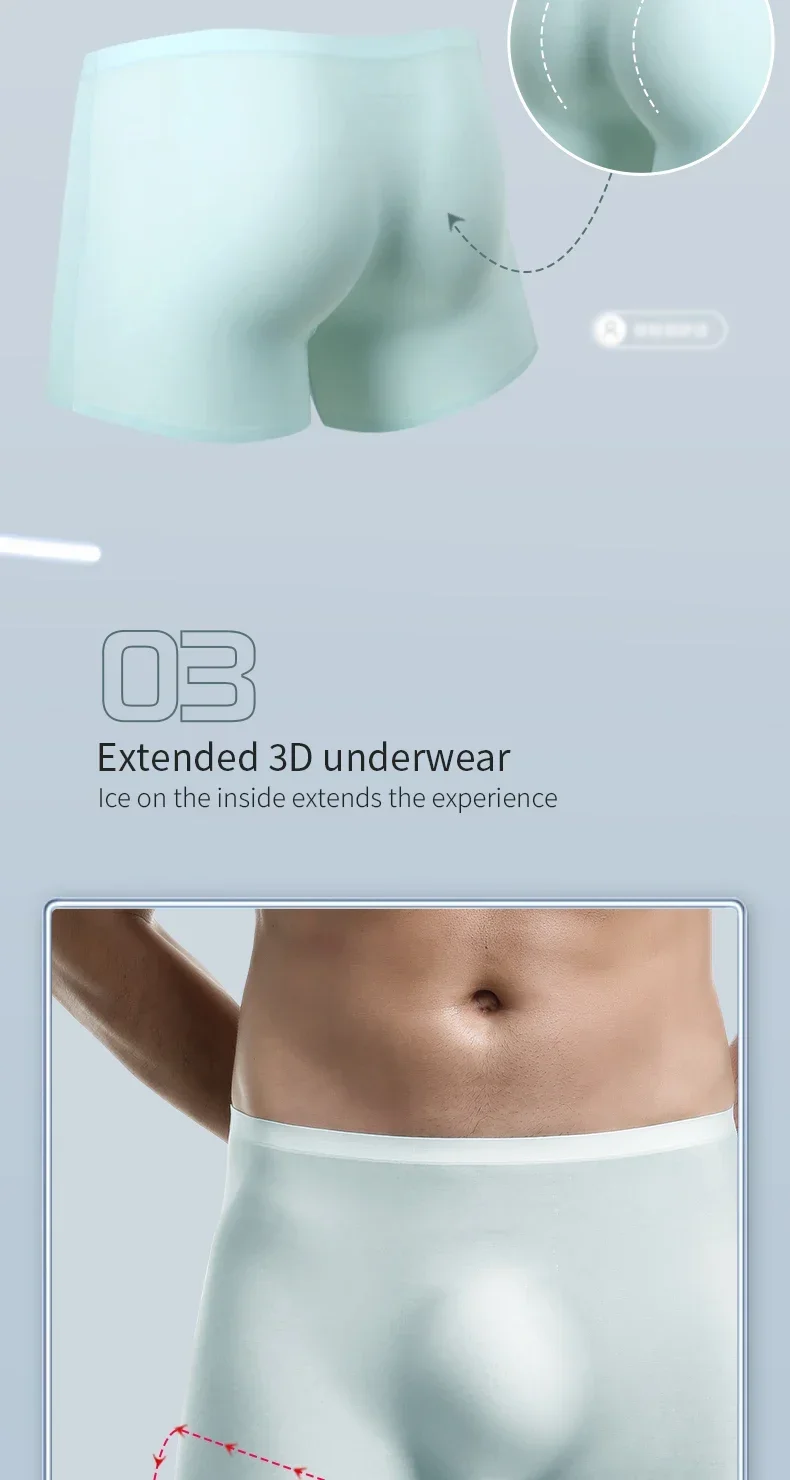 Herrenunterwäsche, viereckige Herrenhose aus 3D-Stanze aus Eisseide, nahtlose dünne, flache Eckhose, verlängerter Sport, Sommer – Detail 10