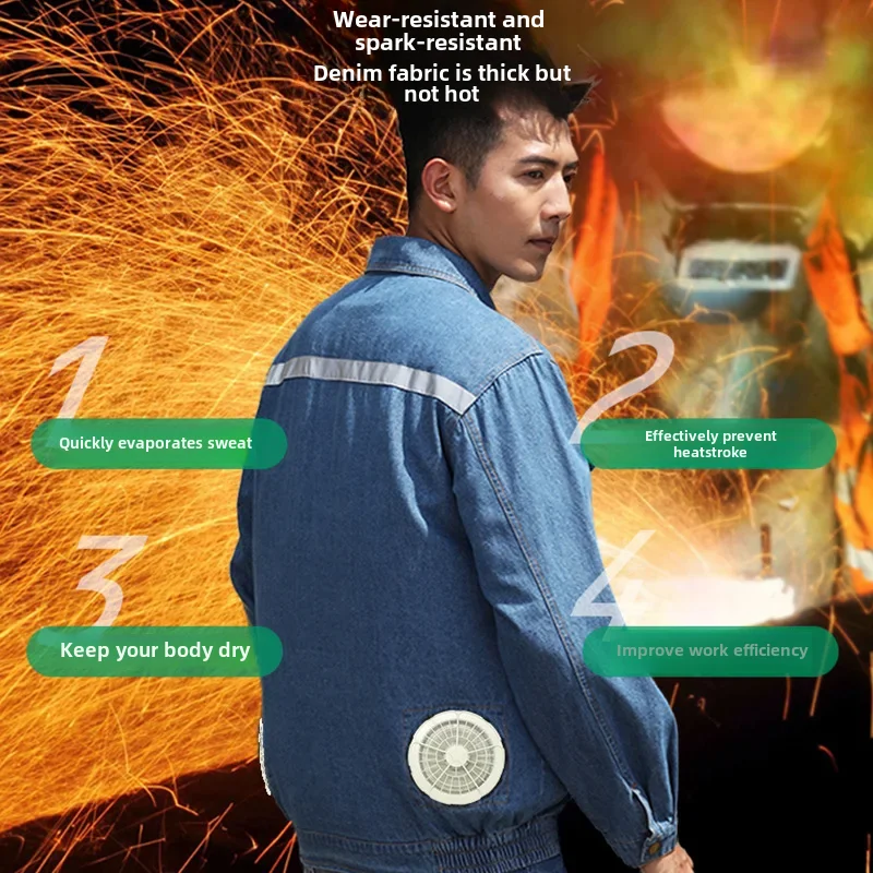 Durable Denim Welding Fan Men's Workwear Top For Summer Cooling Air Conditioning Clothing