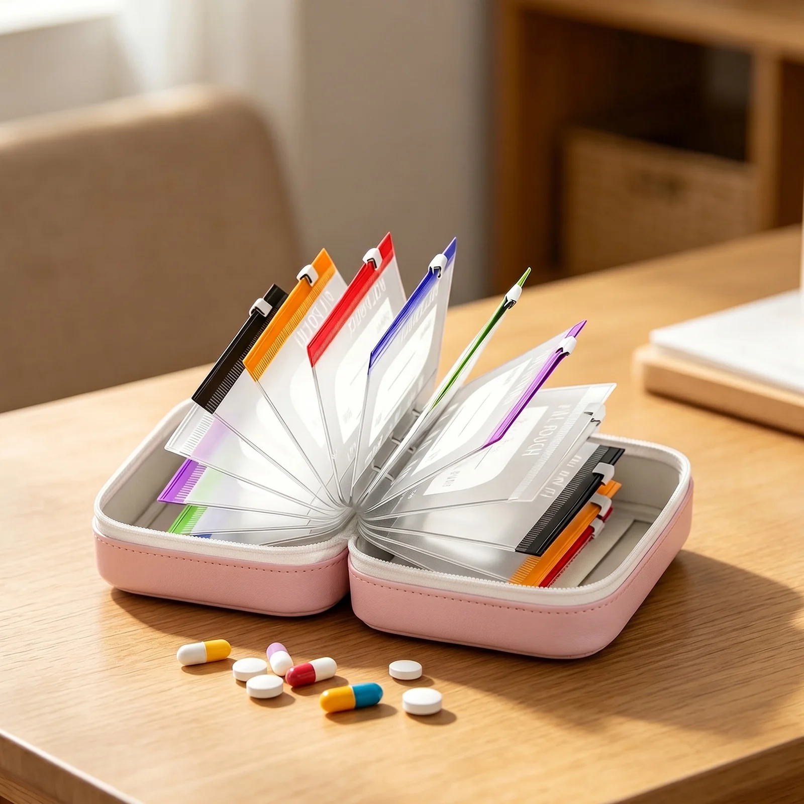 PVC Weekly Medicine Organizer Waterproof Holder Daily Container with 3 Binders Clear Zipper Medicine Bags for Travel Purse Use for Daily Supplements (Pink 14pcs Set)