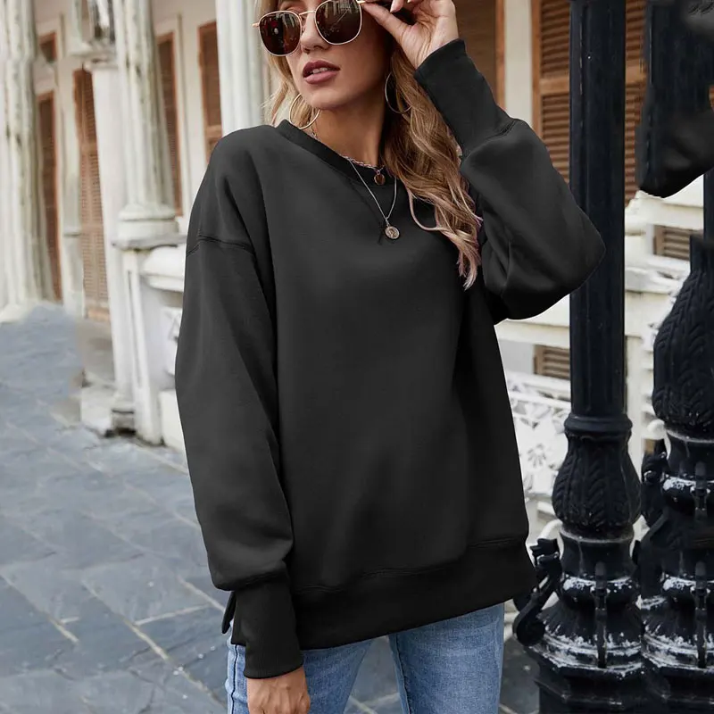 2022 Autumn Hem Slit Fleece Round Neck Sweater Women Winter Warm Fleece Sweater Women Long-sleeved Thick Loose Sweater Women