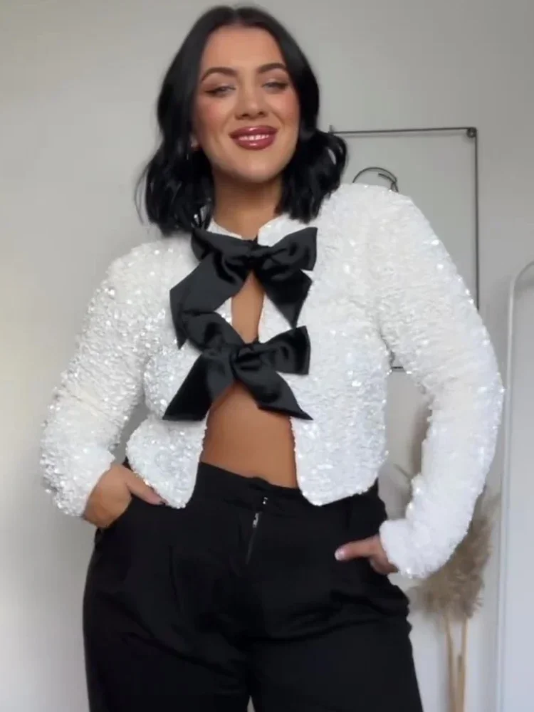 Fashion Shiny Bow Sequin Jacket Women Merry Christmas Elegant Long Sleeve Coat Y2K Chic Cropped Tops High Street Lady Outerwear