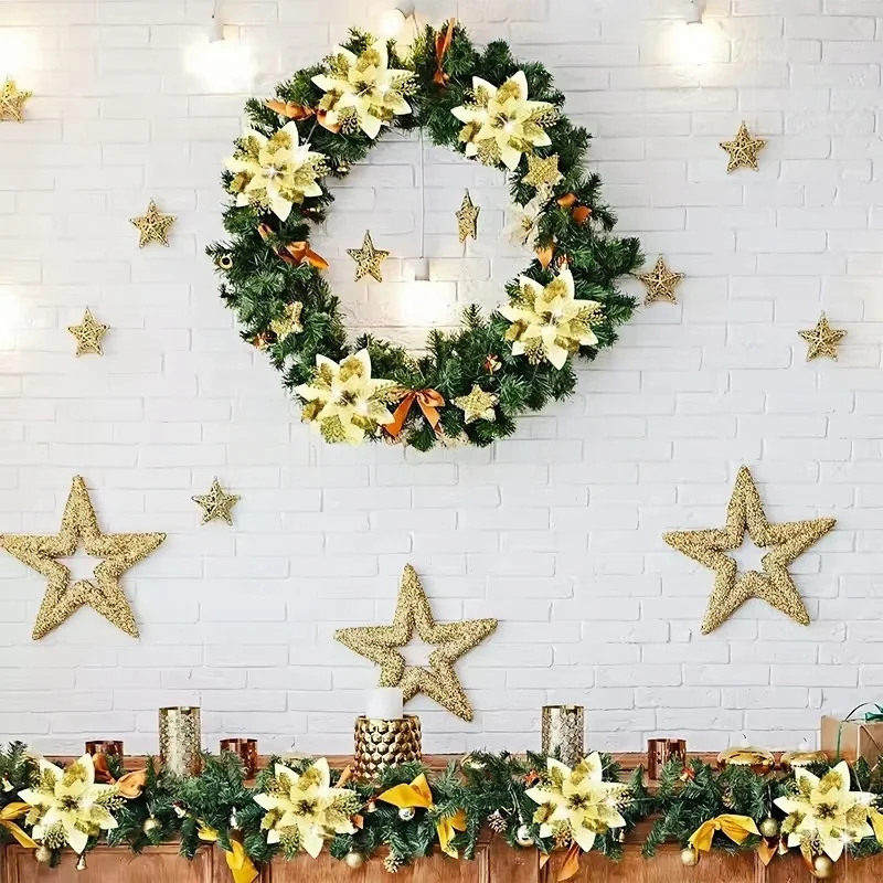 6-24Pcs 15cm Artificial Christmas Flowers with Clips Stems Xmas Tree Ornaments Glitter Flower Garland New Year Party Decor