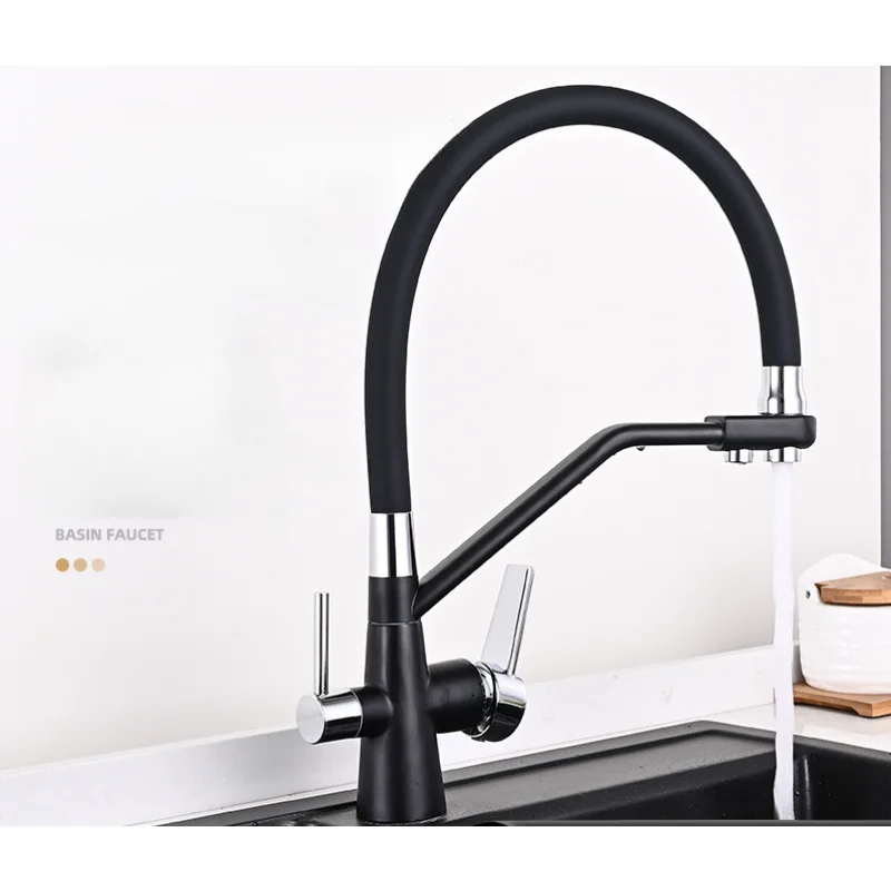 Three In One Faucet, All Copper Kitchen Cold and Hot Dual Mode Water Purification  Gray Direct Drinking Sink Splash Proof Faucet