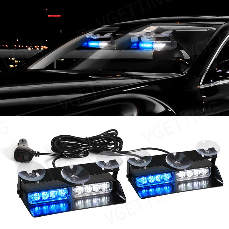 Przednia szyba samochodu zespół lampka ostrzegawcza 2 w 1 16LED światła stroboskopowe awaryjne bursztyno-biało-niebieskie wewnętrzne światła bezpieczeństwa migające 12V