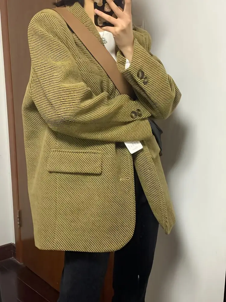 

UNXX Yellow Twill Retro Fashion Women's Loose Suit Jacket 2023 Autumn and Winter Korean-style All-match Woolen Blazer Coat Top