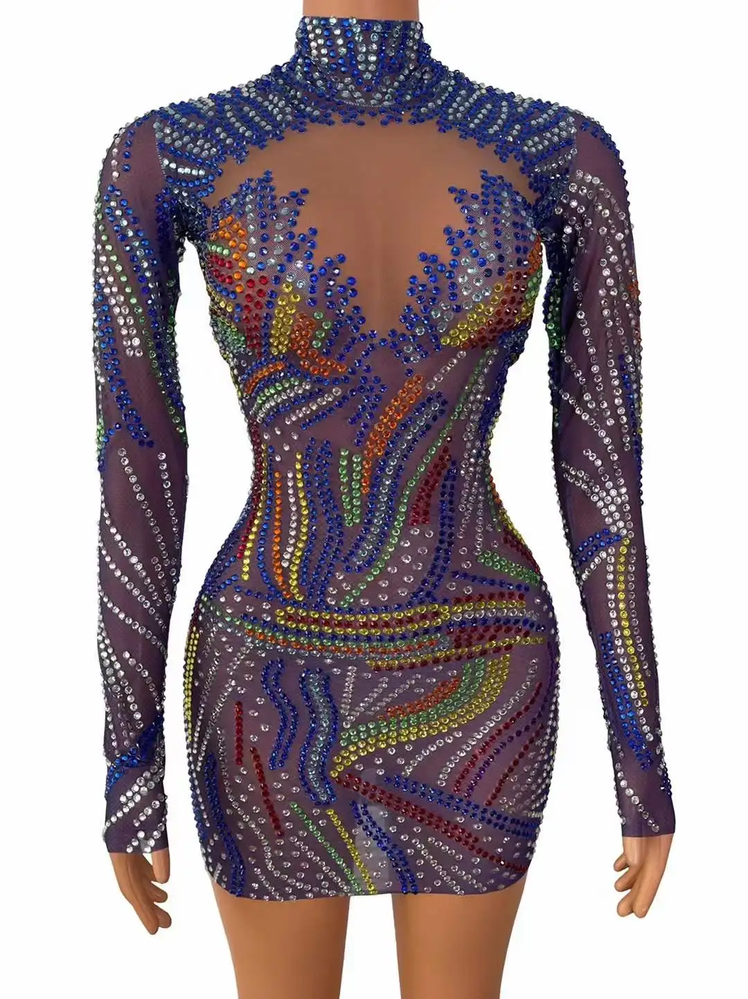 

Flashing Silver Rhinestone Celebrate High Neck Short Dress Nightclub Dancer Sexy Party Long Sleeved Dress