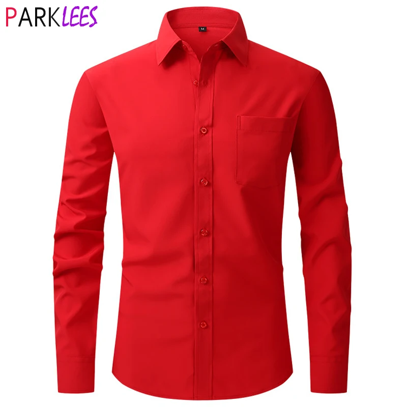 Men's Red Dress Shirts 2023 Spring New Regular Fit Long Sleeve Shirt Men  Formal Wedding Elastic Easy Care Shirt Male Chemise 2XL - AliExpress