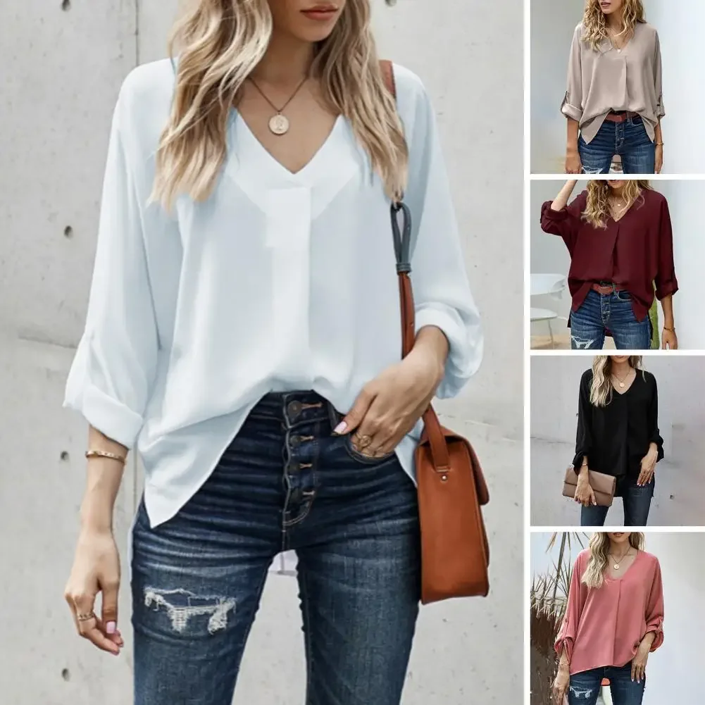 

Women Blouse Long Sleeve Solid Color V-neck Loose Soft Commute Casual OL Style Lady Summer Shirt Female Clothes