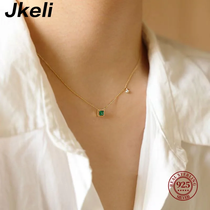 Jkli S925 Sterling Silver Simple Emerald Crystal Chain  Necklace  Women Light Luxury Temperament Plating 14k Gold Jew  New style