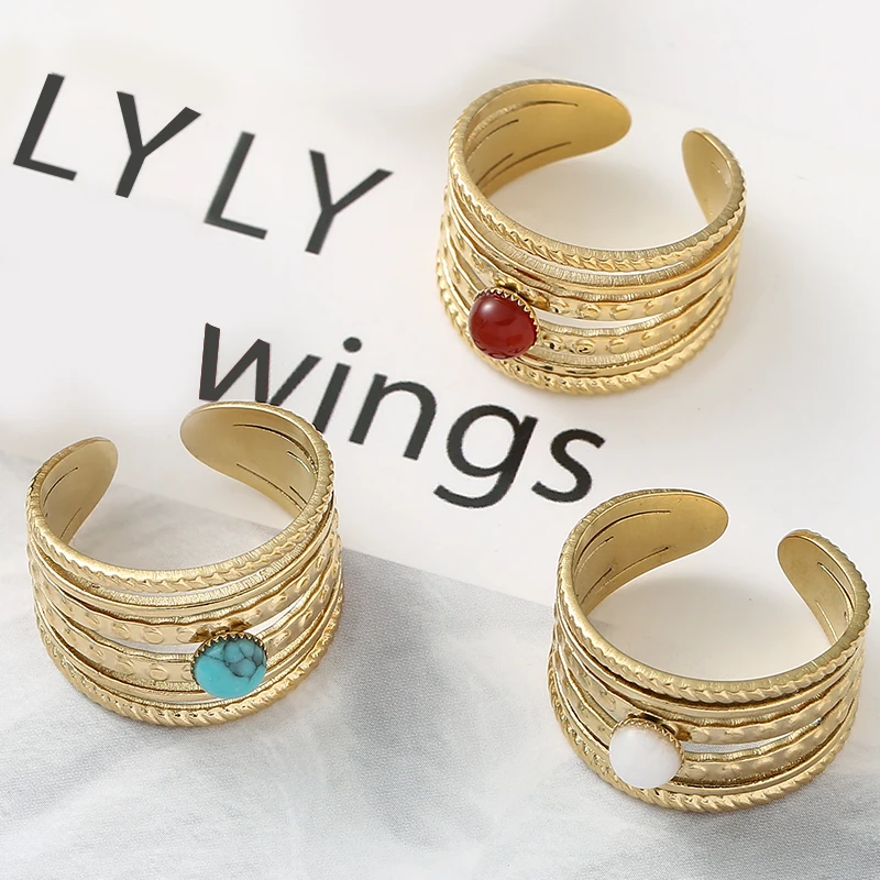 Bohemian Ring Stainless Steel Rings for Women Gold Plated Hollow Multi-layer Rings Turquoise Natural Stone Jewelry Trend 2022