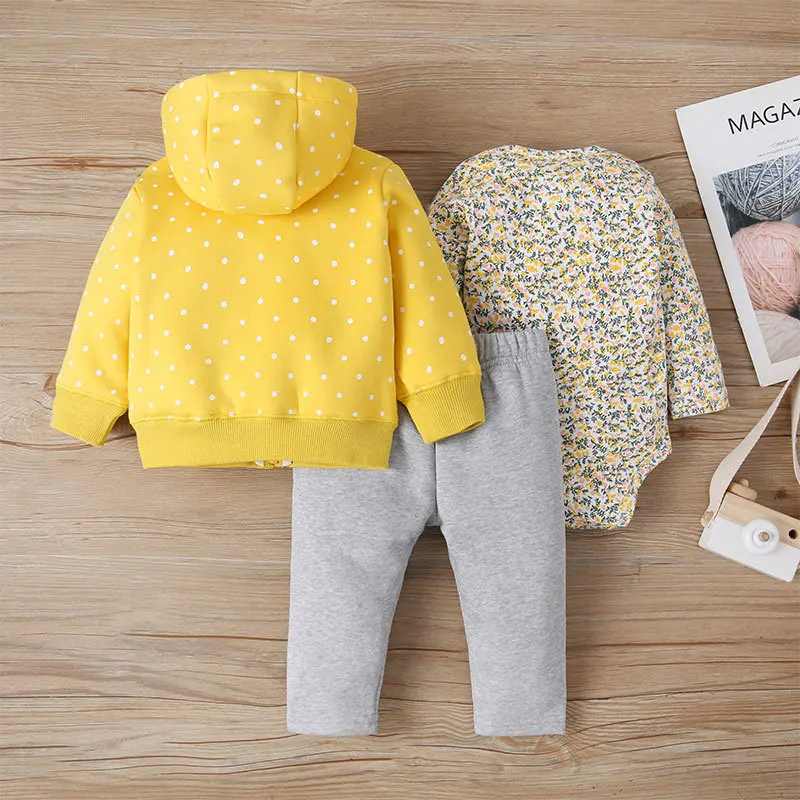 Neonato neonata ragazzo vestiti set primavera autunno cotone manica lunga cappotto con cappuccio + pagliaccetto + pantaloni 3 pezzi vestiti caldi per bambini - immagine 3