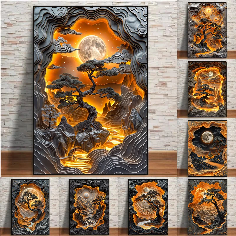 Abstract Lava Landscape Canvas Print - Moonrise Valley Wall Art for Home Decor